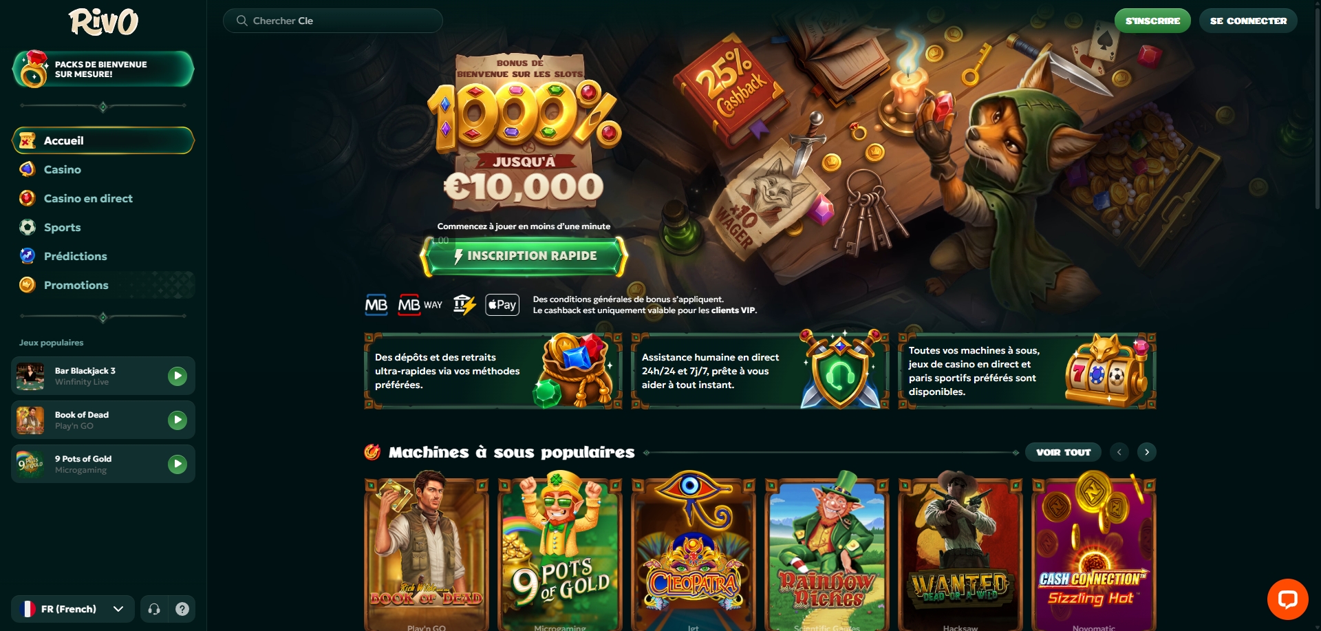 Rivo Casino - bonus de bienvenue 1000% jusqu'à 10 000 € avec wager x10