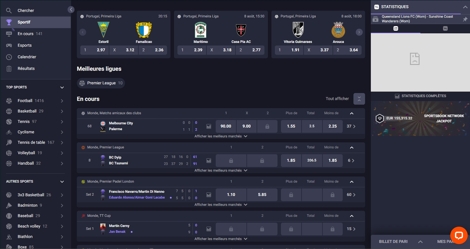 Paris sportifs Rivo Casino avec cotes en direct et statistiques